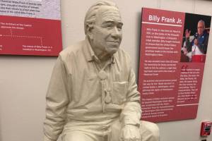 A model of a statue of Billy Frank Jr., the Nisqually tribal fishing rights activist, is on display in the lobby of the lieutenant governor's office in the state Capitol. (Jon Bauer / The Herald.