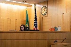 Snohomish County District Court Commissioner Jennifer Millett speaks at the probable cause hearing on Nov. 17, 2025 in Everett, Washington. (Will Geschke / The Herald)