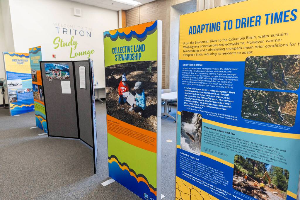 Information panels on display as a part of the national exhibit being showcased at Edmonds College on Nov. 19, 2025 in Lynnwood, Washington. (Olivia Vanni / The Herald)