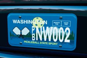 Washington began selling a specialty plate honoring Pickleball on Nov. 19, 2025. This is a sample of a personalized plate. (Seattle Metro Pickleball Association)