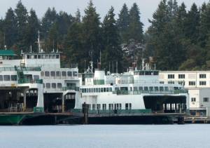 The state ferries Klahowya (center right) and Hyak (left center) are taking up valuable space at the Eagle Harbor maintenance yard of Washington State Ferries. Both retired ferries have been for sale for more than four years. (Photo by Tom Banse for Washington State Standard)