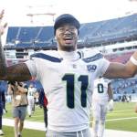Jaxon Smith-Njigba (11) of the Seattle Seahawks celebrates after defeating the Tennessee Titans at Nissan Stadium on Sunday in Nashville, Tennessee. (Johnnie Izquierdo / Getty Images / The Athletic)