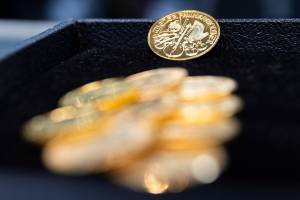 A selection of gold coins at The Coin Market on Nov. 25, 2025 in Lynnwood, Washington. (Olivia Vanni / The Herald)
