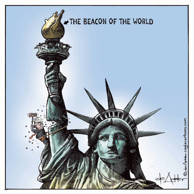 THis is an editorial cartoon by Michael de Adder . Michael de Adder was born in Moncton, New Brunswick. He studied art at Mount Allison University where he received a Bachelor of Fine Arts in drawing and painting. He began his career working for The Coast, a Halifax-based alternative weekly, drawing a popular comic strip called Walterworld which lampooned the then-current mayor of Halifax, Walter Fitzgerald. This led to freelance jobs at The Chronicle-Herald and The Hill Times in Ottawa, Ontario.

 

After freelancing for a few years, de Adder landed his first full time cartooning job at the Halifax Daily News. After the Daily News folded in 2008, he became the full-time freelance cartoonist at New Brunswick Publishing. He was let go for political views expressed through his work including a cartoon depicting U.S. President Donald Trump’s border policies. He now freelances for the Halifax Chronicle Herald, the Toronto Star, Ottawa Hill Times and Counterpoint in the USA. He has over a million readers per day and is considered the most read cartoonist in Canada.

 

Michael de Adder has won numerous awards for his work, including seven Atlantic Journalism Awards plus a Gold Innovation Award for news animation in 2008. He won the Association of Editorial Cartoonists' 2002 Golden Spike Award for best editorial cartoon spiked by an editor and the Association of Canadian Cartoonists 2014 Townsend Award. The National Cartoonists Society for the Reuben Award has shortlisted him in the Editorial Cartooning category. He is a past president of the Association of Canadian Editorial Cartoonists and spent 10 years on the board of the Cartoonists Rights Network.