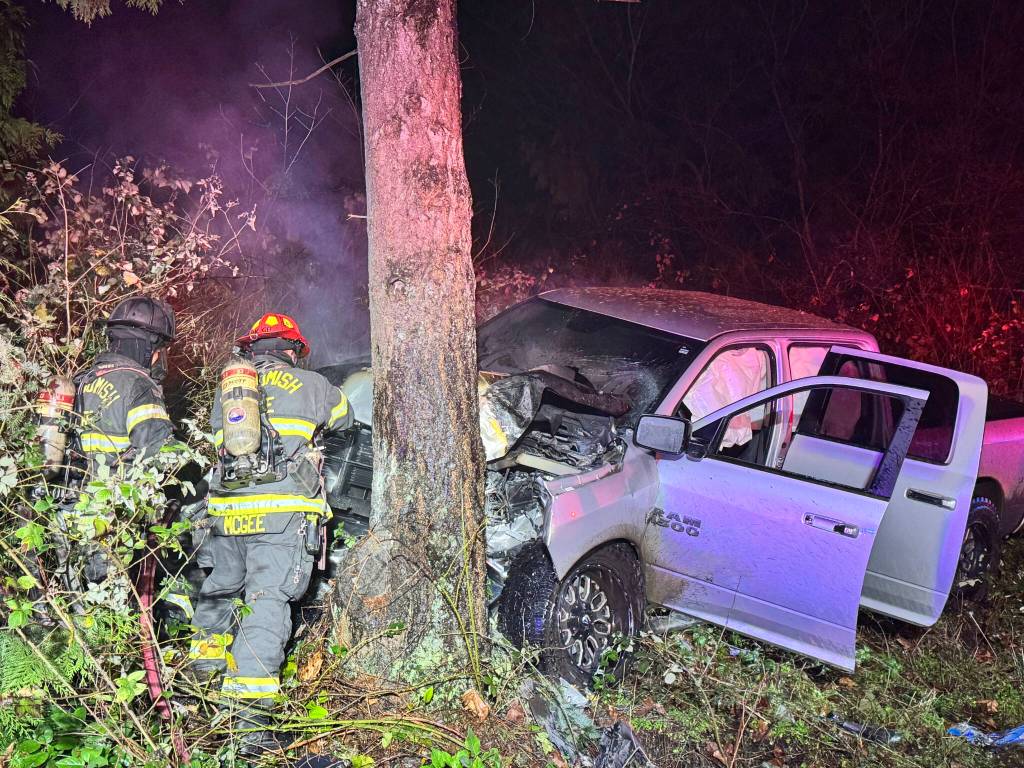 Firefighters respond to an early morning truck versus tree collision on Highway 9 on Dec. 3, 2025, in Snohomish, Washington.