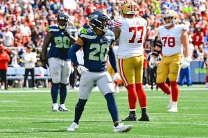 Seahawks safety Julian Love (20) reacts after sacking San Francisco 49ers quarterback Brock Purdy at Lumen Field in Seattle, Washington on Sunday, Sept 7, 2025. (Photo courtesy of the Seattle Seahawks)