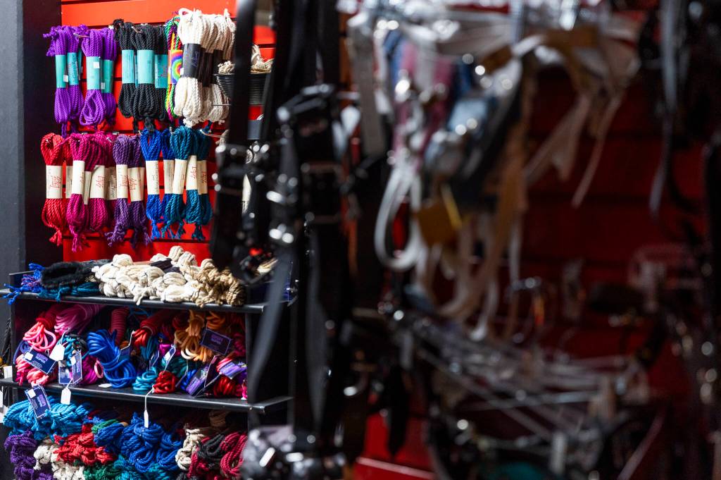 A selection of bondage ropes as well as harnesses available at Lovers Lair on Dec. 19, 2025 in Everett. (Olivia Vanni / The Herald)