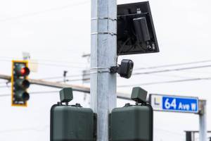 A Flock Safety camera on the corner of 64th Avenue West and 196th Street Southwest on Oct. 28, 2025 in Lynnwood, Washington. (Olivia Vanni / The Herald)