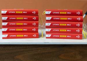 LifeWise Bibles available for students in their classroom set up at New Hope Assembly on Monday, April 14, 2025 in Everett, Washington. (Olivia Vanni / The Herald)