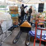 Volunteers and employees navigate through a tented and crowded walkway as donations come in and food is brought out to waiting customers at the Edmonds Food Bank on Dec. 8, 2025, in Edmonds, Washington. (Olivia Vanni / The Herald)