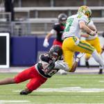 Archbishop Murphys Isaiah Smith tackles Tumwaters Jaxon Budd during the 2A state championship game at Husky Stadium on Saturday, Dec. 6, 2025 in Seattle, Washington. (Olivia Vanni / The Herald)
