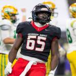 Archbishop Murphys Hakeim Smalls reacts to getting a stop on fourth down during the 2A state championship game against Tumwater at Husky Stadium on Saturday, Dec. 6, 2025 in Seattle, Washington. (Olivia Vanni / The Herald)