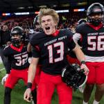 Archbishop Murphys EJ Manning yells after winning the 2A state championship game against Tumwater at Husky Stadium on Saturday, Dec. 6, 2025 in Seattle, Washington. (Olivia Vanni / The Herald)
