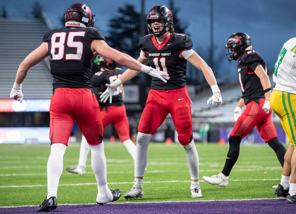 Archbishop Murphys Henry Gabalis reacts to a touchdown during the 2A state championship game against Tumwater at Husky Stadium on Saturday, Dec. 6, 2025 in Seattle, Washington. (Olivia Vanni / The Herald)