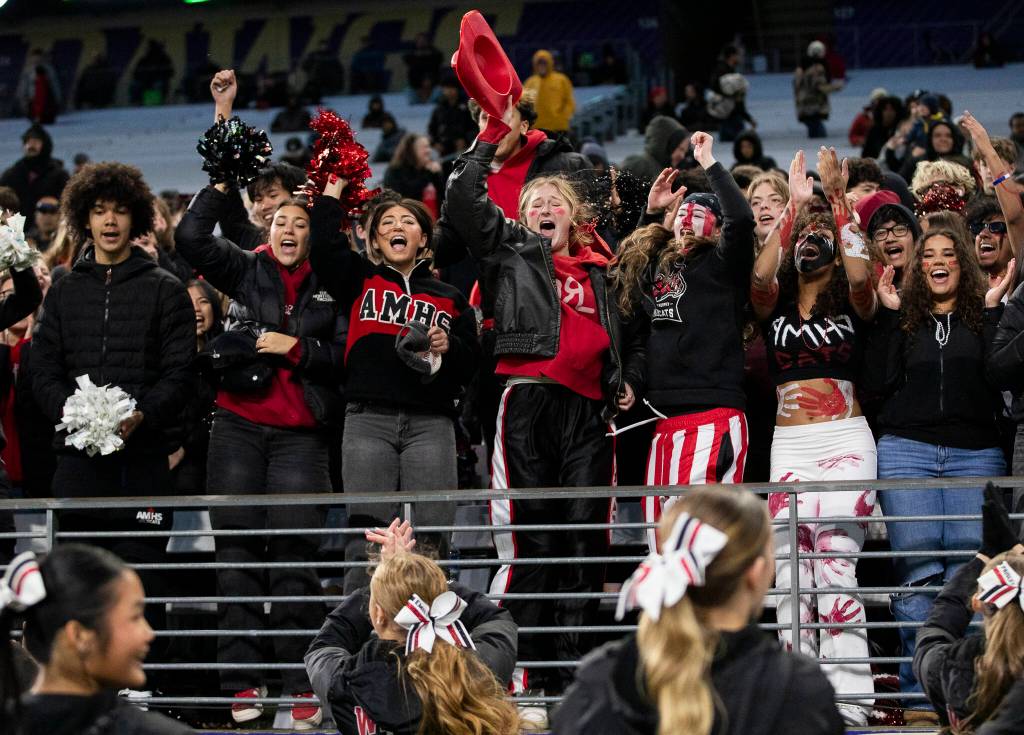 Archbishop Murphy fans cheer during the 2A state championship game against Tumwater at Husky Stadium on Saturday, Dec. 6, 2025 in Seattle, Washington. (Olivia Vanni / The Herald)
