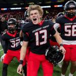 Archbishop Murphy’s EJ Manning yells after winning the 2A state championship game against Tumwater at Husky Stadium on Saturday, Dec. 6, 2025 in Seattle, Washington. (Olivia Vanni / The Herald)