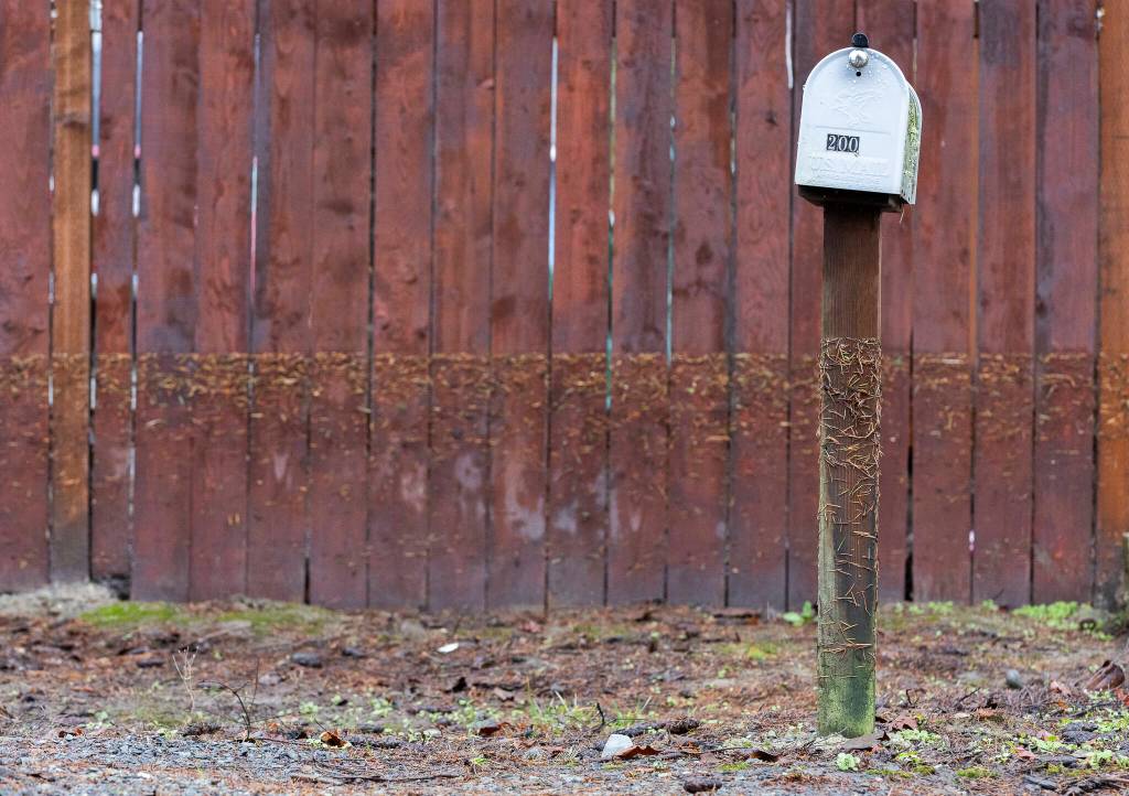 Debris marks where floodwaters from the Skykomish River peaked along Skywall Drive Monday in Sultan, Washington. (Olivia Vanni / The Herald)