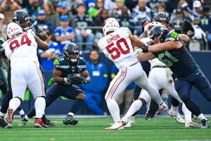 Seahawks center Jalen Sundell (61) blocks for running back Kenneth Walker III in a game against the Arizona Cardinals on Sunday, Nov. 9, 2025 at Lumen Field in Seattle, Washington. (Photo courtesy of the Seattle Seahawks)