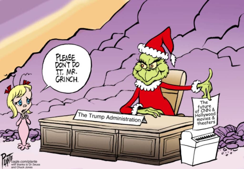 The Grinch that stole  CNN, Netflix, Warner  Bros., Paramount, SkydanceDiscovery, CNN, HBO, hostile, takeover, mergers, streaming, bid, President Donald J. Trump, Jared Kushner, Federal Trade Commission, Justioce Department antitrust division, DOJ