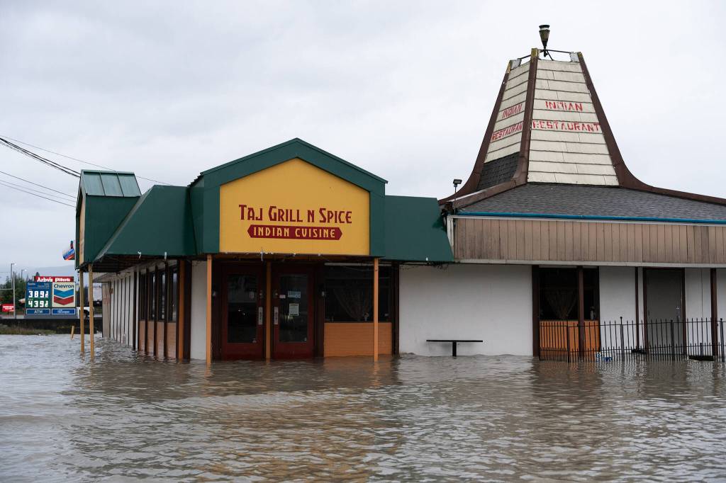 An Arlington restaurant inundated by flood water on Thursday, Dec. 11. (Will Geschke / The Herald)