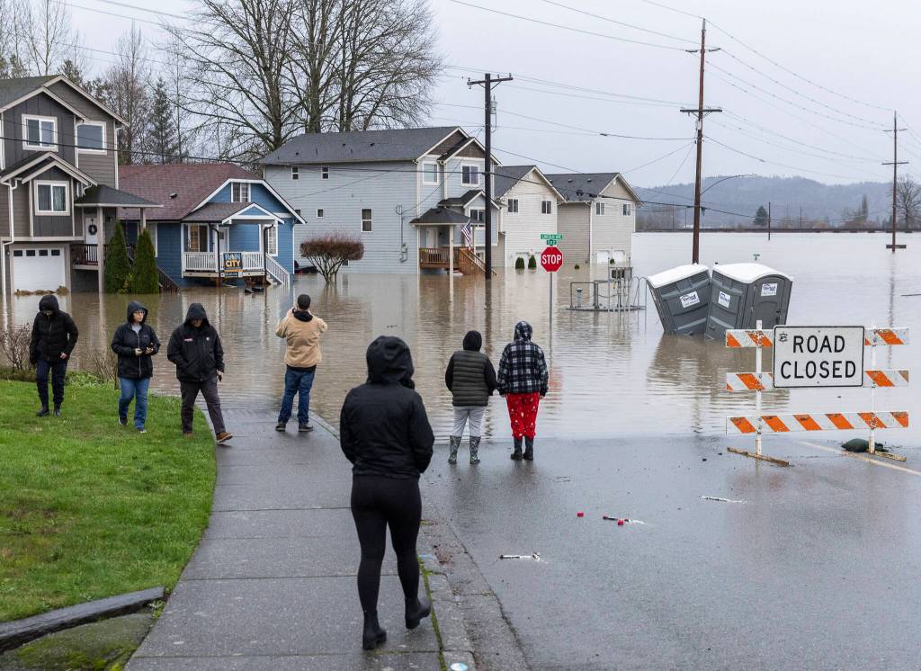 People walk down First Street and pause to look at the floodwaters surrounding homes along Lincoln Avenue on Thursday, Dec. 11, 2025 in Snohomish, Washington. (Olivia Vanni / The Herald)