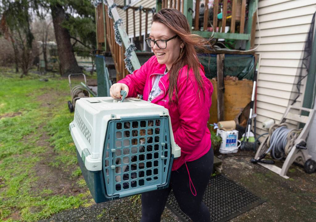 Andrea Gould-Linder carries out her uncles cat Diva as she helps her family evacuate their home on Ebey Island on Wednesday, Dec. 10, 2025 in Everett, Washington. (Olivia Vanni / The Herald)
