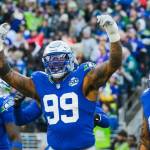 Seahawks defensive end Leonard Williams (99) celebrates after a play against the Minnesota Vikings on Sunday, Nov. 30, 2025 at Lumen Field in Seattle, Washington. (Photo courtesy of the Seattle Seahawks)