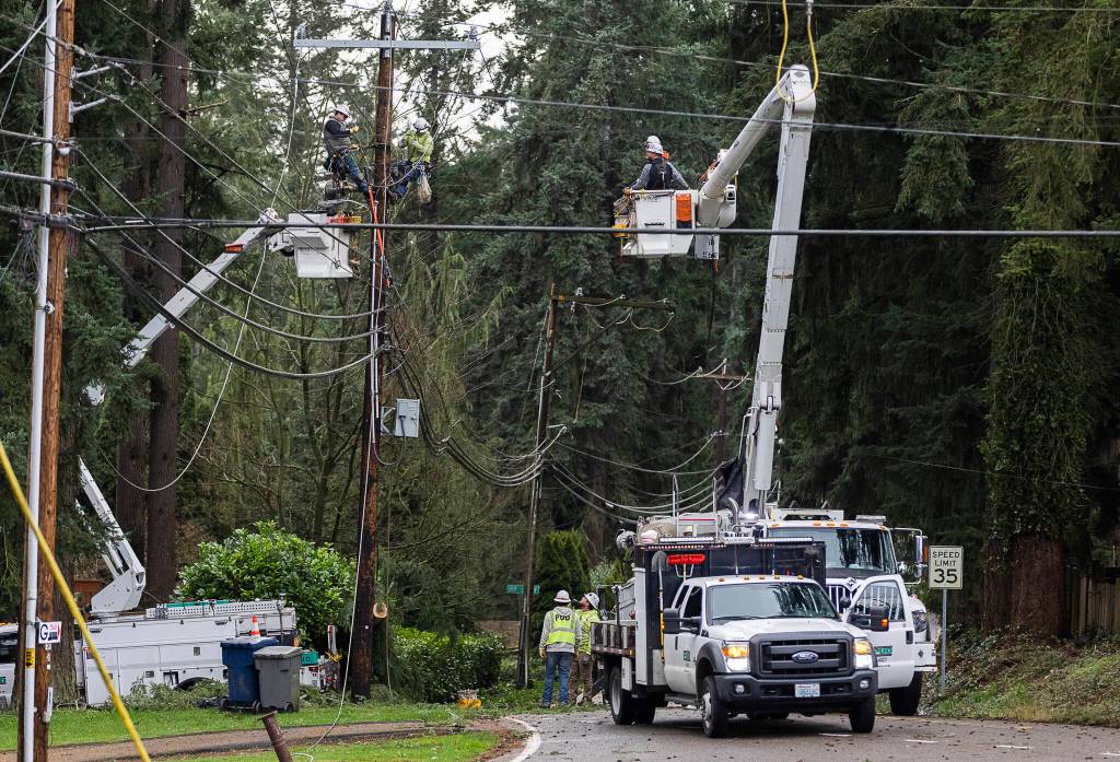 Olivia Vanni / The Herald
Snohomish PUD crews repair a power line that was hit by a downed tree along Cypress Way on Monday in Lynnwood.