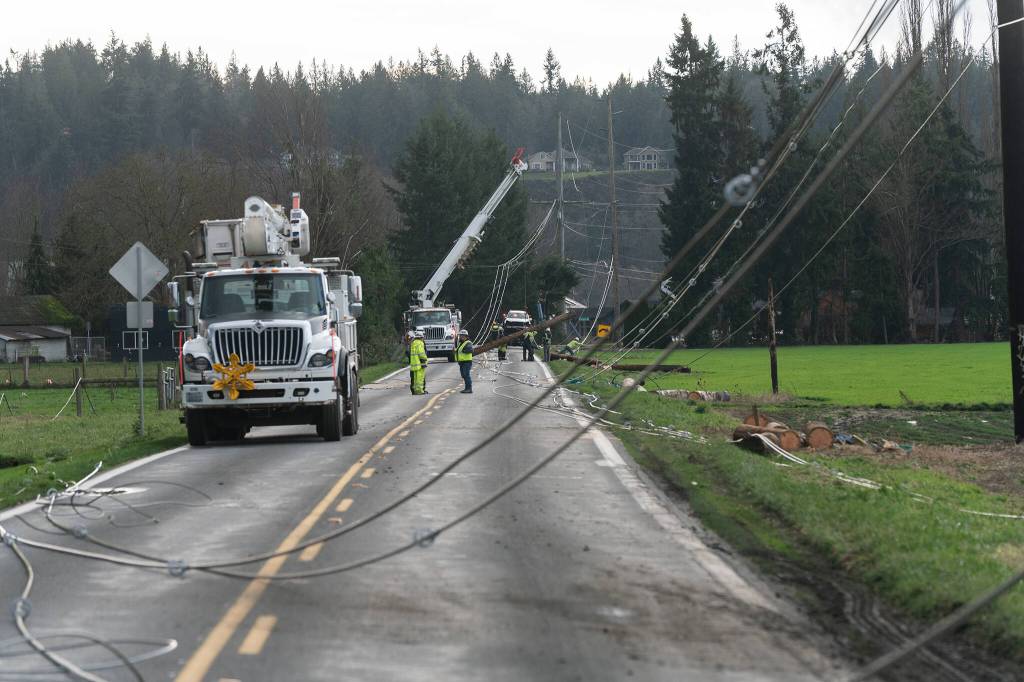 Snohomish County PUD crews work to repair power lines on Wednesday along Marine Drive in Stanwood. (Will Geschke / The Herald)