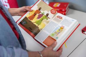 One of the illustrated pages of the LifeWise Bible used for class on Monday, April 14, 2025 in Everett, Washington. (Olivia Vanni / The Herald)