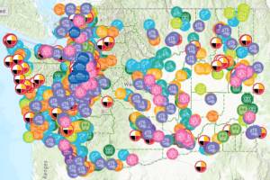 A state Climate Commmitment Act map shows projects funded by the act's carbon auctions.