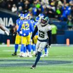 Seahawks linebacker Ernest Jones IV celebrates after a play against the Los Angeles Rams on Thursday, Dec. 18, 2025 at Lumen Field in Seattle, Washington. (Photo courtesy of the Seattle Seahawks)