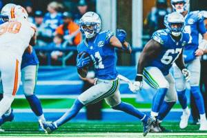 Seattle Seahawks receiver Jaxon Smith-Njigba runs with the ball against the Tampa Bay Buccaneers on Oct. 5, 2025 at Lumen Field in Seattle, Washington. (Photo courtesy of the Seattle Seahawks)