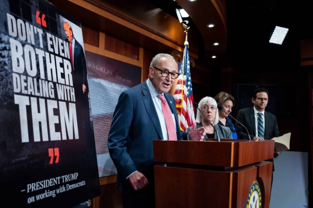 Senate Minority Leader Chuck Schumer (D-N.Y.) speaks at a news conference on Capitol Hill with, from left, Sen.Patty Murray (D-Wash.), Sen. Amy Klobuchar (D-Minn.) and Sen. Brian Schatz (D-Hawaii) after the House passed a stopgap bill to keep federal funding flowing past a Sept. 30 deadline on Friday, Sept. 19, 2025.  (Haiyun Jiang/The New York Times)
