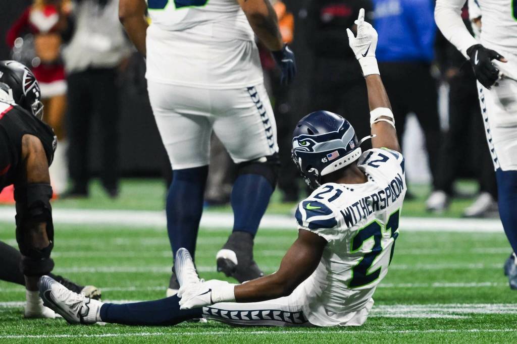 Seahawks cornerback Devon Witherspoon celebrates after a play against the Atlanta Falcons on Dec. 7. (Photo courtesy of the Seattle Seahawks)