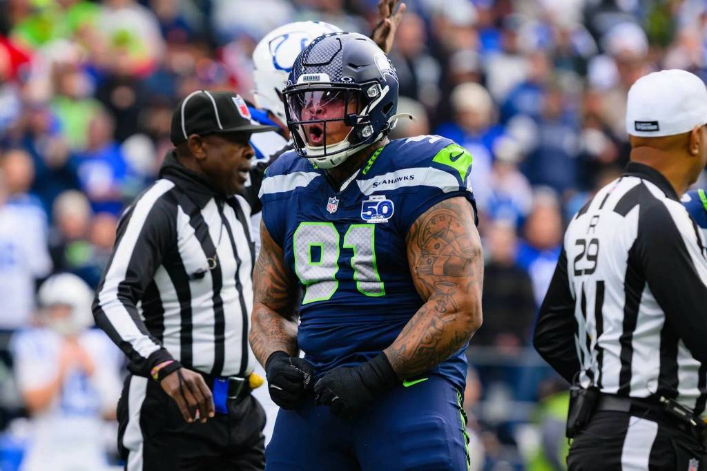 Seahawks defensive tackle Byron Murphy II reacts after a play against the Indianapolis Colts on Dec. 14 at Lumen Field in Seattle. (Photo courtesy of Edwin Hooper / Seattle Seahawks)