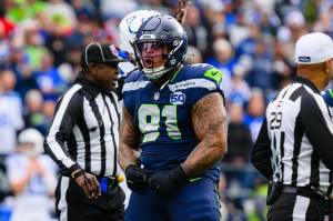 Seahawks defensive tackle Byron Murphy II reacts after a play against the Indianapolis Colts on Sunday, Dec. 14, 2025. (Photo courtesy of Edwin Hooper / Seattle Seahawks)