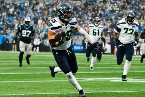 Seahawks tight end AJ Barner (88) runs toward the end zone in a game against the Carolina Panthers at Bank of America Stadium in Charlotte, North Carolina on Sunday, Dec. 28, 2025. (Photo courtesy of the Seattle Seahawks)