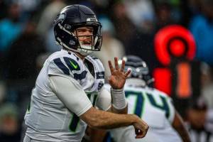 Seahawks quarterback Sam Darnolds turnovers have been an issue for Seattle this season. (Getty Images / The Athletic)