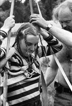Larry Van Over assists a balloon rider at the Sky River Rock Festival in 1968 in Sultan, WA. (Courtesy of Greg Garton)