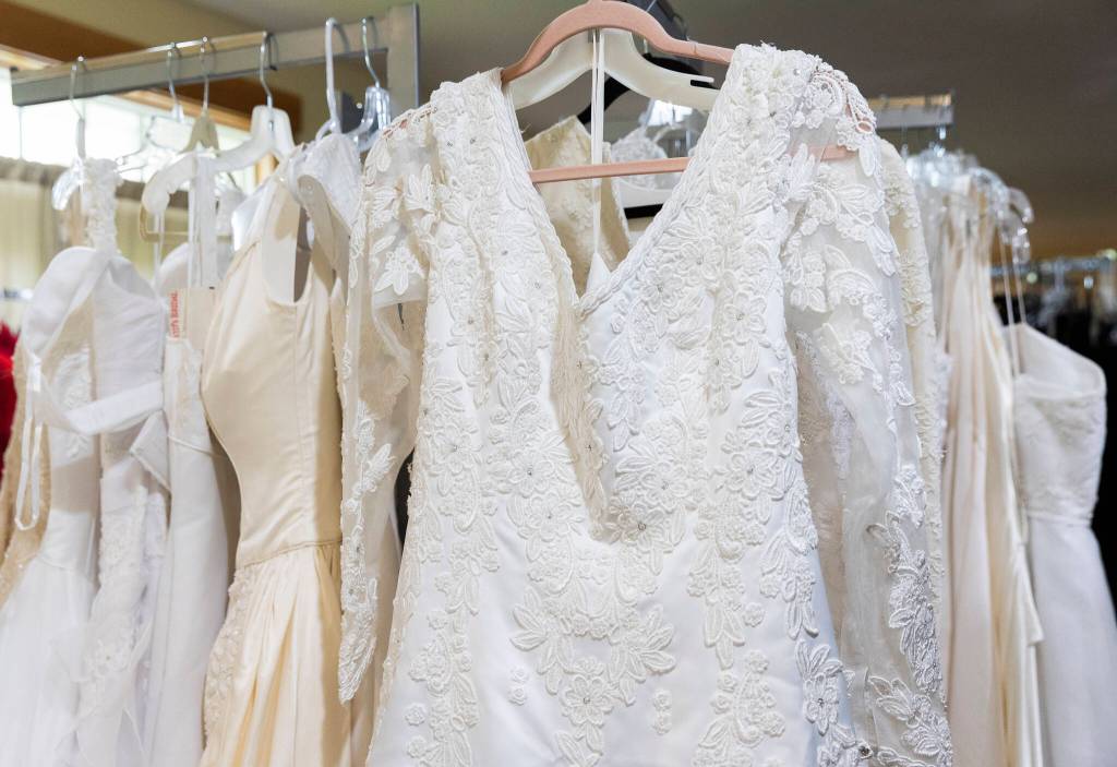 A selection of wedding dresses available at The Freespirited Closet on Wednesday, May 14, 2025 in Snohomish, Washington. (Olivia Vanni / The Herald)