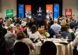 Washington State Department of Commerce Director Joe Nguyễn answers questions after his speech at the Economic Alliance Snohomish Countys Annual Meeting and Awards events on Tuesday, April 22, 2025 in Tulalip, Washington. (Olivia Vanni / The Herald)