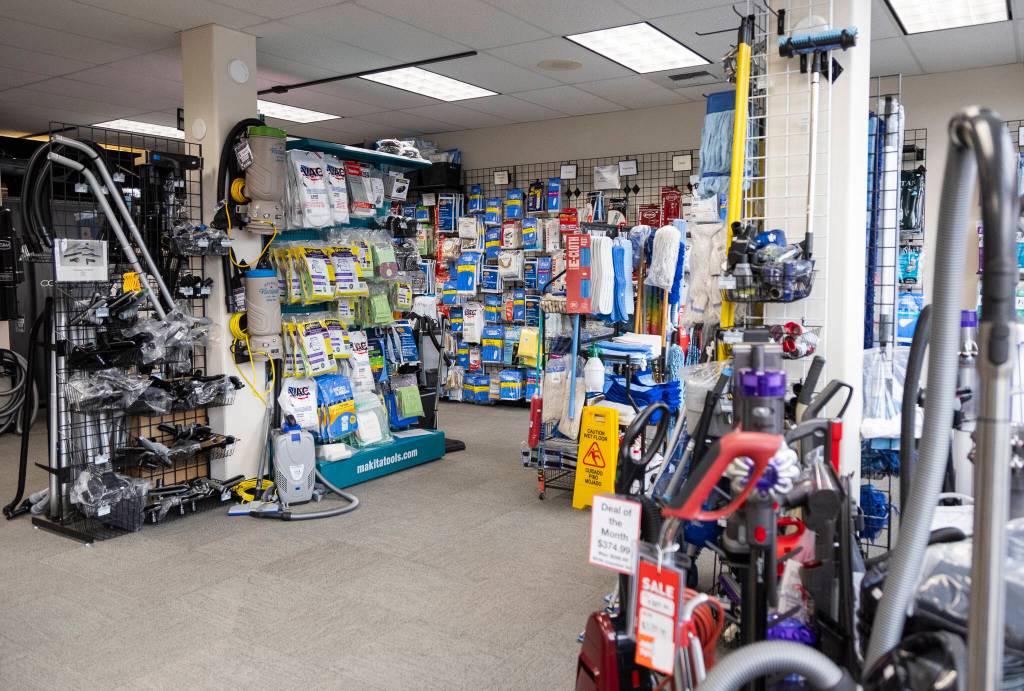 Vacuum and cleaning related products available at Everett Vacuum on Friday, Jan. 2, 2026 in Everett, Washington. (Olivia Vanni / The Herald)