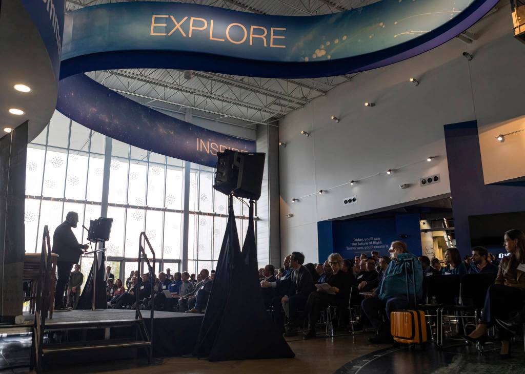 Senator Marko Lias speaks during an event to announce the launch of the Cascadia Sustainable Aviation Accelerator at the Boeing Future of Flight Aviation Center on Thursday, Jan. 8, 2026 in Everett, Washington. (Olivia Vanni / The Herald)