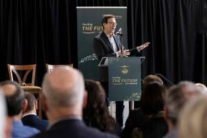 Washington State Governor Bob Ferguson speaks during an event to announce the launch of the Cascadia Sustainable Aviation Accelerator at the Boeing Future of Flight Aviation Center on Thursday, Jan. 8, 2026 in Everett, Washington. (Olivia Vanni / The Herald)