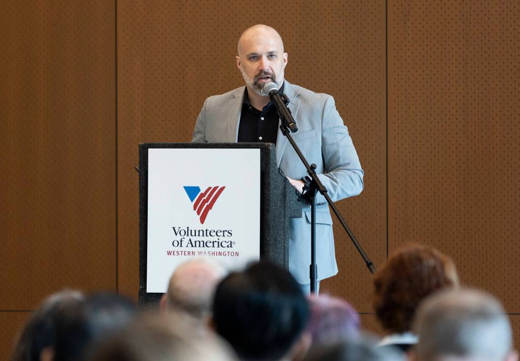 President and CEO of Volunteers of America of Western Washington Brian Smith speaks during the opening of the Lynnwood Neighborhood Center on Friday, Jan. 9, 2026 in Lynnwood, Washington. (Olivia Vanni / The Herald)