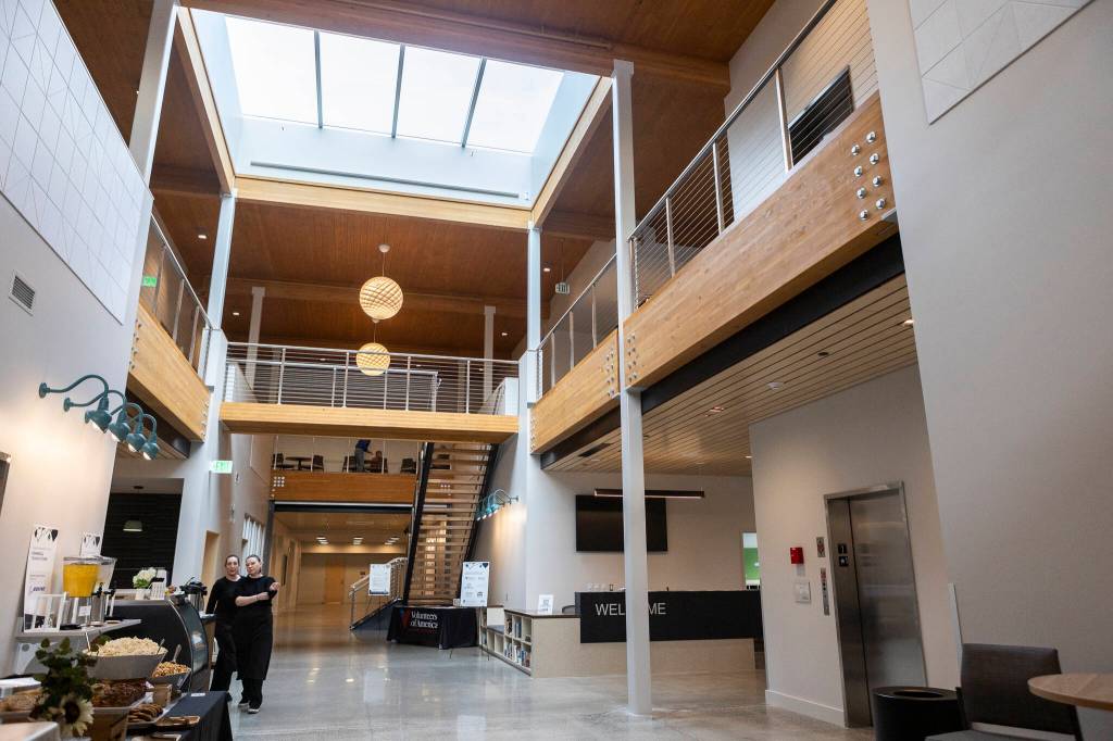 Inside the piazza of the Lynnwood Neighborhood Center on Friday, Jan. 9, 2026 in Lynnwood, Washington. (Olivia Vanni / The Herald)