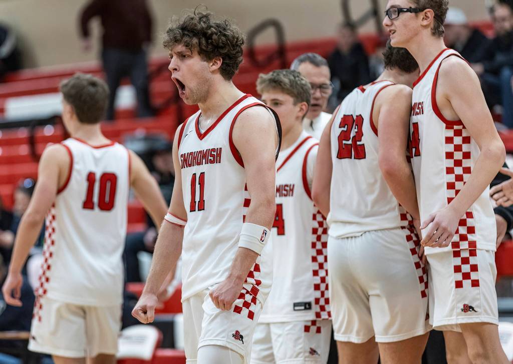 Snohomishs Grady Rohrich yells after beating Meadowdale on Monday, Jan. 5, 2026 in Snohomish, Washington. (Olivia Vanni / The Herald)