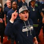 Seattle Seahawks head football coach Mike Macdonald (center) speaks to Seahawks players and coaches after a 13-3 win over the San Francisco 49ers at Levis Stadium in Santa Clara, California on Saturday, Jan. 3, 2025. (Photo courtesy of the Seattle Seahawks)