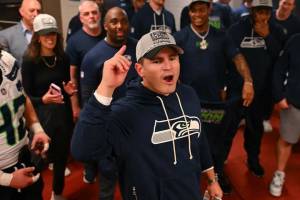 Seattle Seahawks head football coach Mike Macdonald (center) speaks to Seahawks players and coaches after a 13-3 win over the San Francisco 49ers at Levi's Stadium in Santa Clara, California on Saturday, Jan. 3, 2025. (Photo courtesy of the Seattle Seahawks)